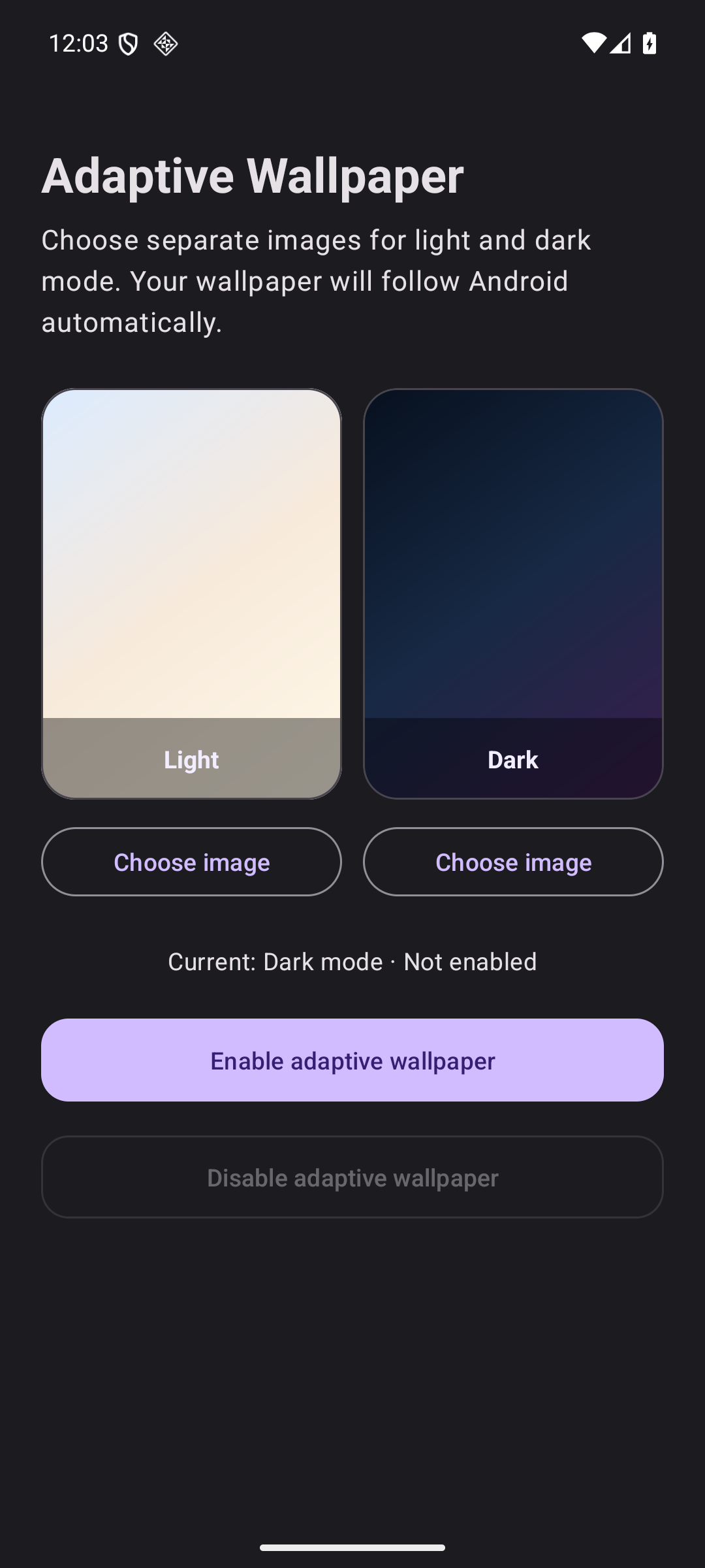 AdaptiveWallpaper settings screen in English